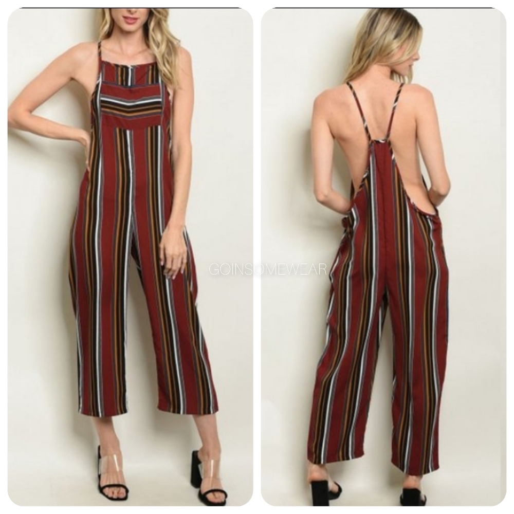 Burgundy Multi Stripes Overall Jumpsuit